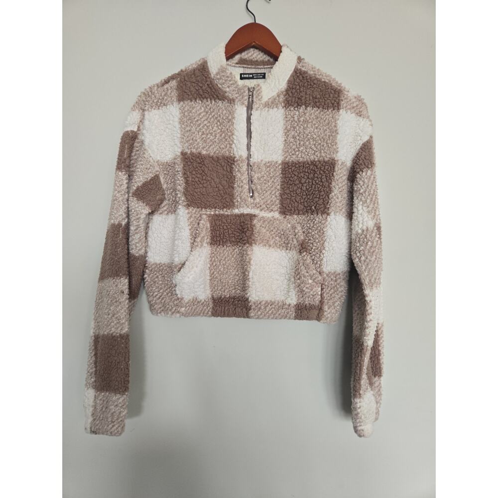 SHEIN Cropped Sherpa Pullover Quarter Zip Checkered Fleece Women Size Small